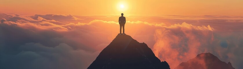 Silhouetted against a breathtaking sunrise, a lone businessman stands tall at the peak of a mountain, the vast expanse of the world a humbling reminder of the challenges and triumphs that lie ahead - obrazy, fototapety, plakaty