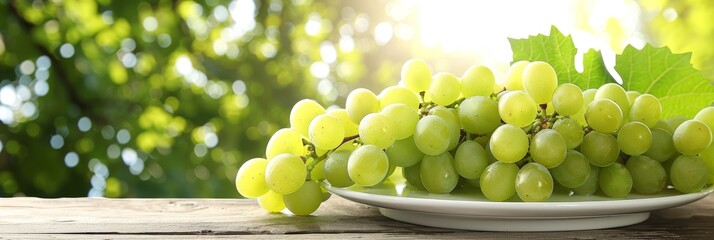 Sunlit garden backdrop, fresh grape clusters on a white plate, embodying a sunny summer day