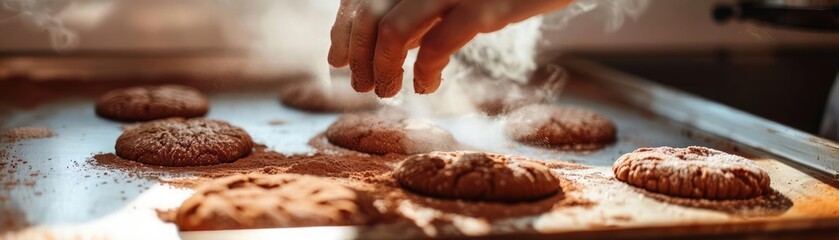 Sunlight streams through the window, highlighting a hand dusted with cocoa powder as it carefully lifts delicate sugar cookies from a baking sheet, a testament to the precision and artistry required i