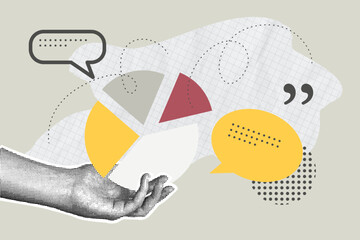 Trendy halftone collage of business concept. business report, market research, planning, analytics, analysis.Vector illustration of web banner, social media banner.