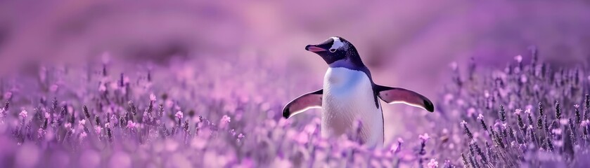 With a tiny pair of heartshaped sunglasses perched on its beak, a curious penguin waddles across a field of lavender, its black and white body a charming contrast against the pastel perfection, a tour