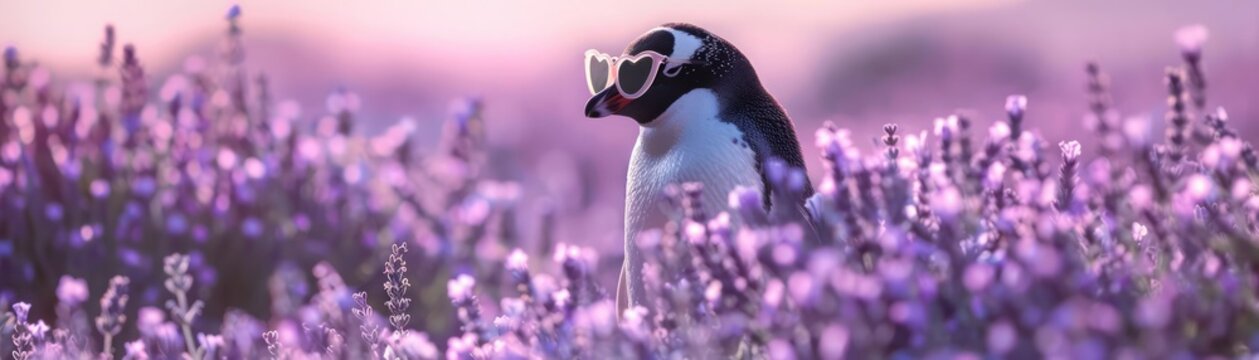 With a tiny pair of heartshaped sunglasses perched on its beak, a curious penguin waddles across a field of lavender, its black and white body a charming contrast against the pastel perfection, a tour