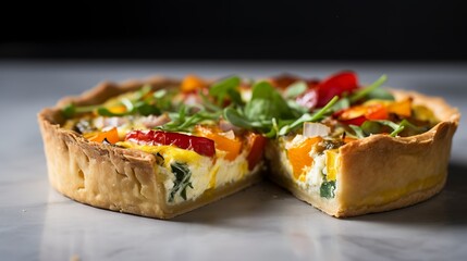 Savory quiche with a golden crust, close-up, showcasing the vibrant filling of vegetables and cheese, on a marble countertop. 
