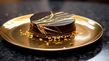 Close-up of a decadent chocolate tart with a smooth ganache filling and gold leaf decoration, on a minimalist plate.  - obrazy, fototapety, plakaty