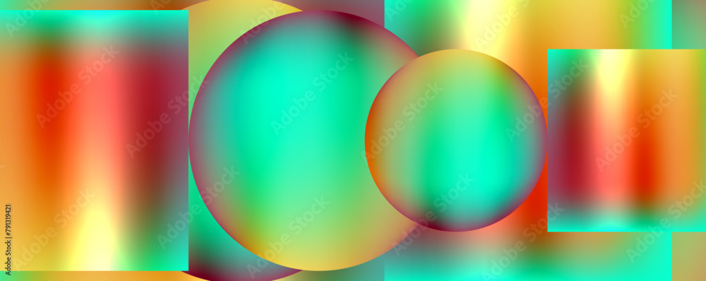 Poster a vibrant and symmetrical pattern of circles and squares in electric blue colors, captured in a blur