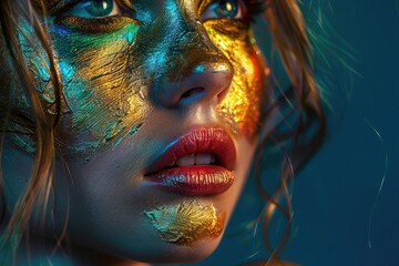 portrait girl young caucasian woman painted with colors and gold studio fashion shot.