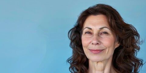 Place for text. Woman smiling on blue background