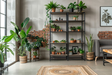 an interior design concept for the living room, featuring plants and a black metal shelf with pots against light grey walls, a white floor, a wooden coffee table