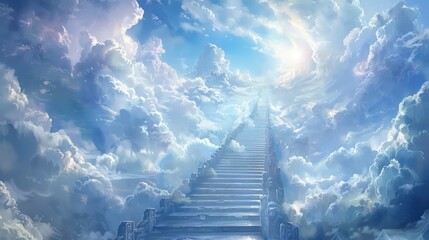 Fototapeta premium Fantasy architecture up stairway to heaven afterlife with beautiful white cloud at blue sky