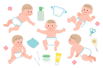 おむつをはいた赤ちゃんとスキンケア用品のイラストセット
