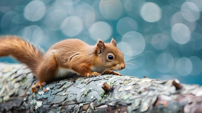 O jovem esquilo vermelho senta-se nas costas de um banco de parque em um fundo de grama verde e come uma noz.
