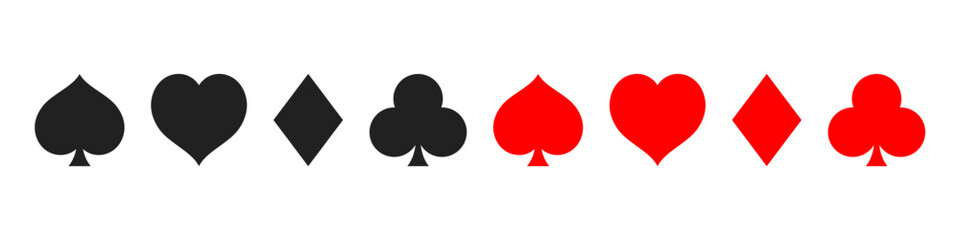 Playing card icons set. Poker card suits. Heart, diamond, club, spade.