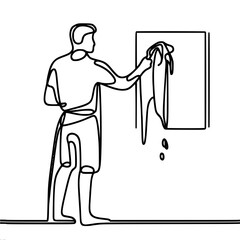 one man in an apron washes a window with a rag, one black vector line drawing on a white background