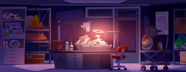 Archaeologist lab room with dinosaur fossil vector cartoon. Scientist laboratory with desk on wheels, dino bone, lamp and magnifier equipment to research and study extinction animal illustration
