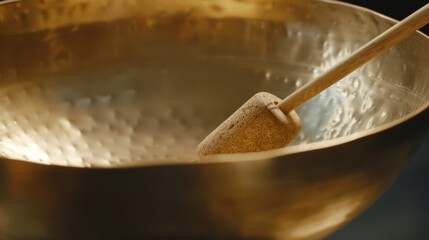 A closeup of a large sound bowl being gently struck with a mallet producing a deep and calming resonance. .