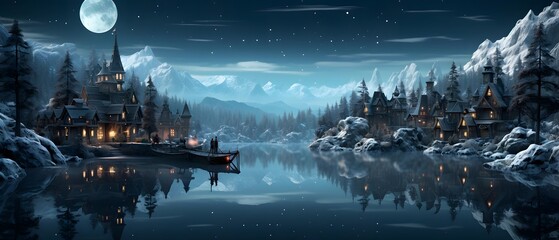 Beautiful panoramic view of a mountain lake at night.