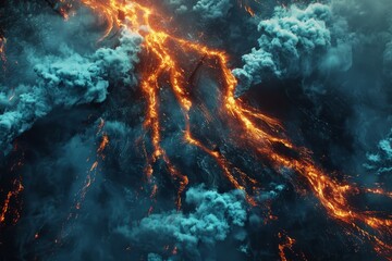 Fototapeta na wymiar Hot molten lava streaming volcano eruption stream hot boiling magma venus other planet surface destruction flowing fire flame heat danger glowing cosmic