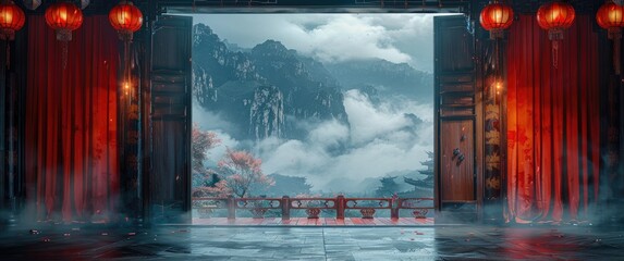 chinese style stage with red curtains on both sides, The background features misty mountains in dark tones, cinematic lighting effects. a grand scene backdrop