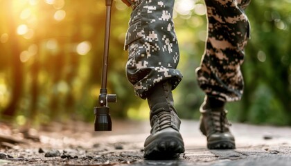 Close up view of soldier learning to walk with new prosthetic leg for enhanced mobility