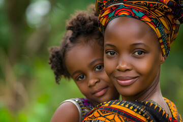 A happy African mother and daughter celebrating Mother's Day with smiles and love in traditional clothing.