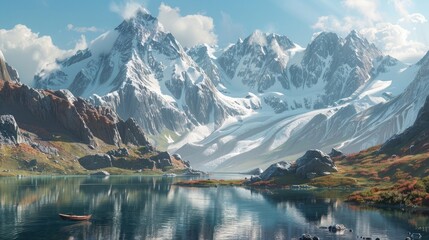 A tranquil alpine lake nestled amidst snow-capped peaks, its emerald waters reflecting the surrounding mountains and the azure sky above, with a lone boat drifting on the surface. - Powered by Adobe