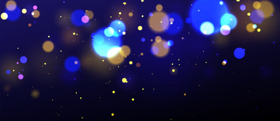 Gold and blue bokeh glitter on black background. Vector realistic illustration of abstract twinkle lights, sparkling flares on dark backdrop, holiday night show decoration, Christmas celebration