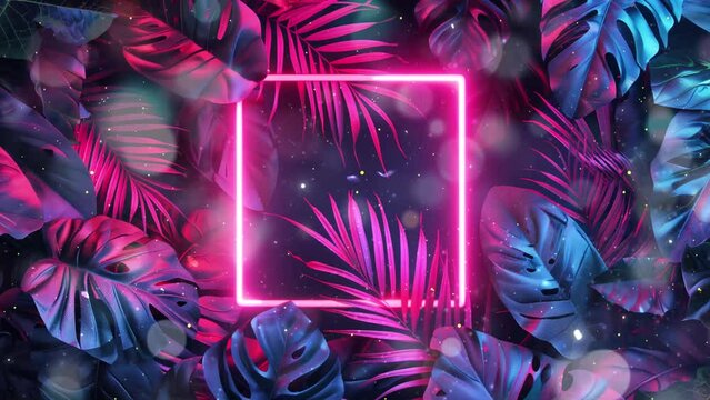 pink neon frame with  creative fluorescent color layout made of tropical leaves. seamless looping overlay 4k virtual video animation background