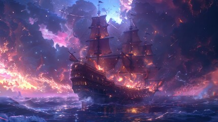A grand pirate ship sails through a fantastical cosmic storm with vibrant nebulae in the sky.