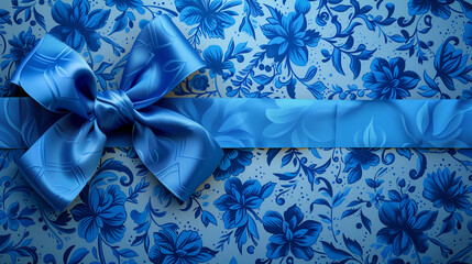 Elegant Blue Bow on Floral Patterned Background