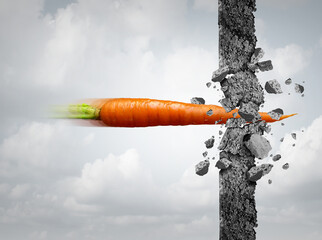 Power Of Food and a powerful Superfood diet or healthy eating as a carrot going through a wall as a health and nutrition symbol and nutrient density energy icon breaking through with natural vitamins.