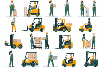 Warehouse workers characters set. Men and women, managers and laborers, forklift operator, movers. Logistics center staff vector icon, white background, black colour icon
