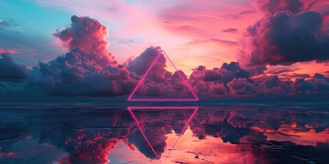 The great pinkish floating triangle beyond the ocean that surrounded with a lot amount of the tall cloud at the dawn or dusk time of the day that shine light to the every part of the picture. AIGX03. - obrazy, fototapety, plakaty