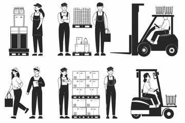 Warehouse workers characters set. Men and women, managers and laborers, forklift operator, movers. Logistics center staff vector icon, white background, black colour icon