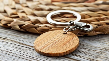 Blank mockup of a bamboo keychain with a blank oval tag for personalization. .
