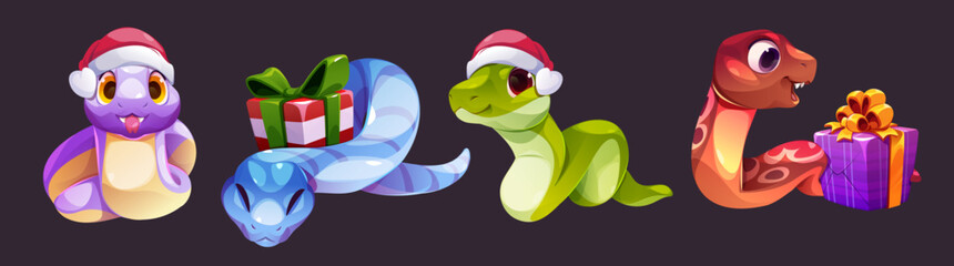 Cute snake cartoon character for Christmas and New Year design. Animal symbol of 2025 year in Santa hat and with wrapped gift boxes. Vector illustration set of funny childish crawling serpent. - obrazy, fototapety, plakaty
