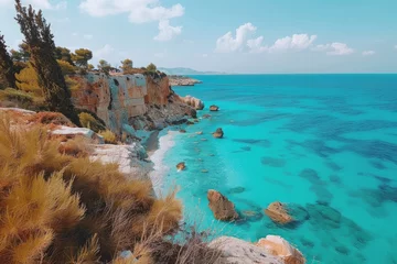Gordijnen Beautiful greek coast cyprus seaside shore cliffs hiking nature vacation summer mediterranean island tourism waves splashes sunny holiday spain bay rocky beautiful destination © Yuliia