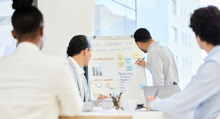 Businessman, presentation and whiteboard in conference room with graphs, statistics or market...