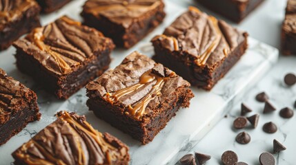 A plate of brownies with chocolate chips on top