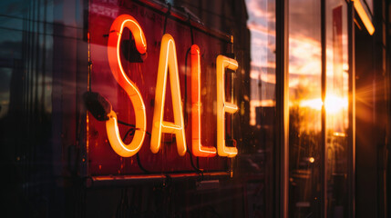 Close up of the text "SALE" on neon sign in window, red and yellow glowing lights, sunset lighting, cinematic shot, city street