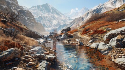 Boulder strewn pathway meanders alongside crystal clear mountain stream flanked by barren terracotta slopes and a hint of snow against a backdrop of clear skies - obrazy, fototapety, plakaty