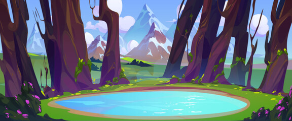 Lake in forest with mountains on background. Cartoon spring or summer vector landscape with water pond, trees and green grass on banks, high rocky hills and blue cloudy sky. Natural woodland scenery. - obrazy, fototapety, plakaty