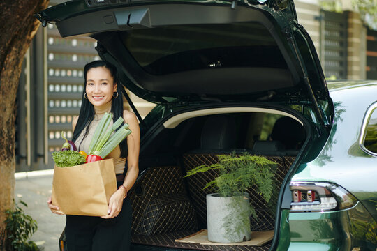 Smiling woman with bag of groceries standing at her electric car