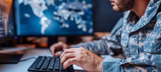 Advanced prosthetic arm operating computer in modern military base for complex operations