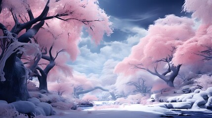 Fantasy landscape with trees in the snow. 3D illustration.