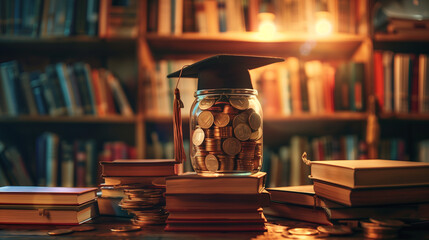 Graduation Cap on Jar of Money with Stacked Books in Library Setting - obrazy, fototapety, plakaty