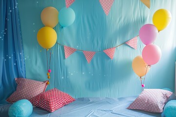 Colorful balloons and polka dot bunting in a birthday setup with a blue curtain background.