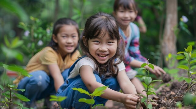 Portrait of Children actively participate in a forest conservation effort, Capture the excitement for wildlife habitat restoration project, Environment protection, Save word Save life