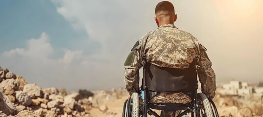 Soldier in wheelchair with prosthetic leg, observing panoramic view of military base