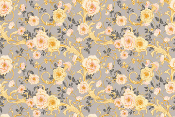 A floral pattern with gold accents is displayed on a gray background