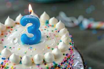 A close-up of a birthday cake with a number 3 candle and colorful sprinkles.